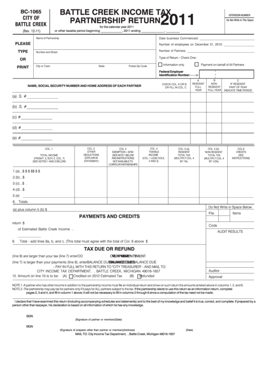 Form Bc-1065 - Battle Creek Income Tax Partnership Return - 2011 Printable pdf