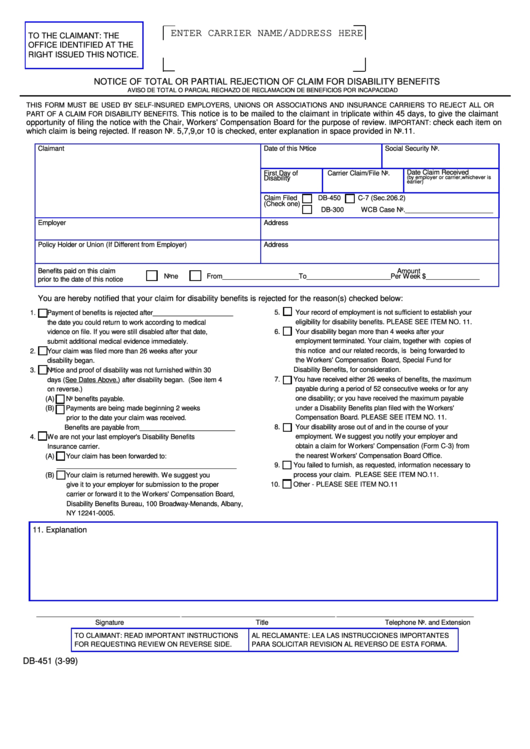 Fillable Form Db-451 - Notice Of Total Or Partial Rejection Of Claim For Disability Benefits Printable pdf