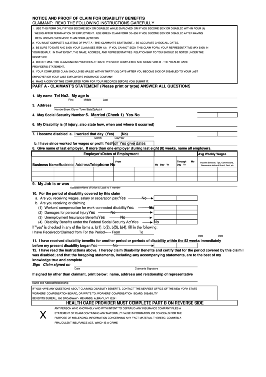 Fillable Notice And Proof Of Claim For Disability Benefits Form Printable pdf
