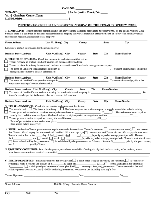 Fillable Petition For Relief Under Section 92.0563 Of The Texas Property Code Form Printable pdf