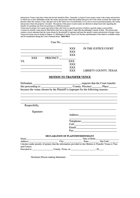 Motion To Transfer Venue Form - Justice Court Of Harris County, Texas Printable pdf