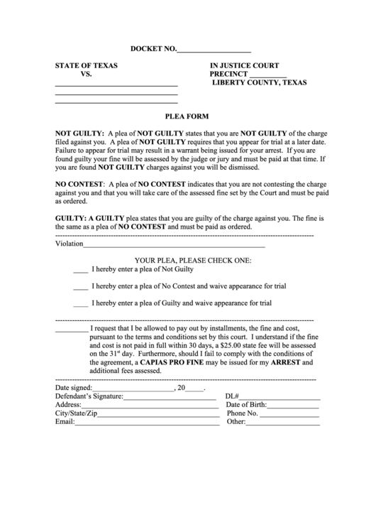 Plea Form - State Of Texas Printable pdf