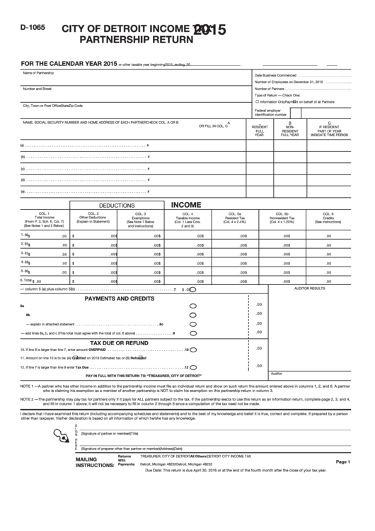 Form D-1065 - City Of Detroit Income Tax Partnership Return - 2015 Printable pdf