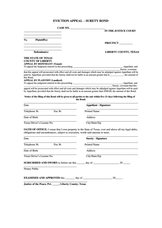 Eviction Appeal - Surety Bond Form Printable pdf