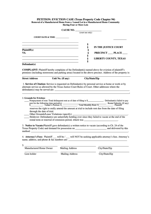 Petition: Eviction Case Form Printable pdf