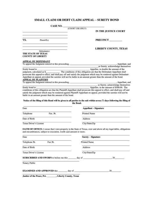 Small Claim Or Debt Claim Appeal - Surety Bond Form Printable pdf