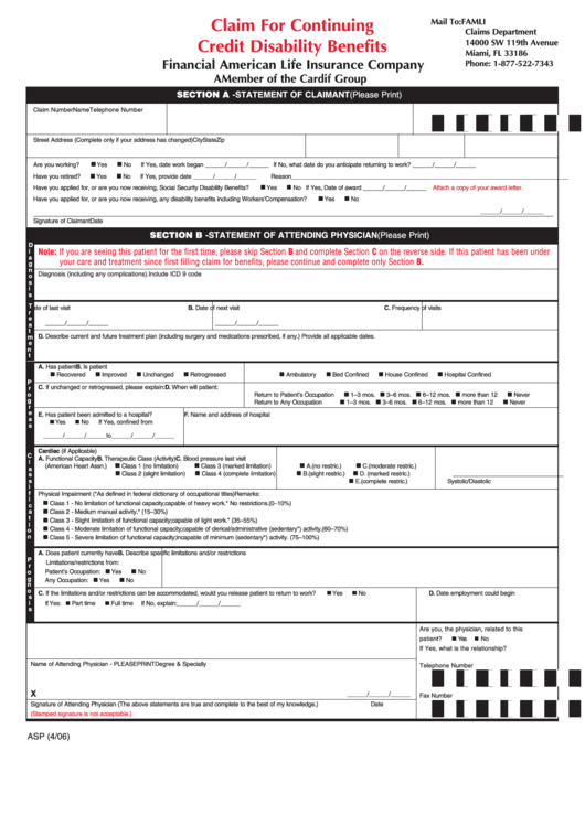 Claim For Continuing Credit Disability Benefits Form Printable pdf