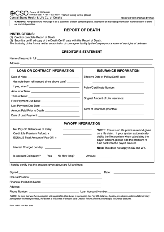 Form 10-Pd - Report Of Death Printable pdf