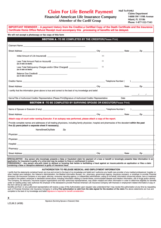 Claim For Life Benefit Payment Form Printable pdf