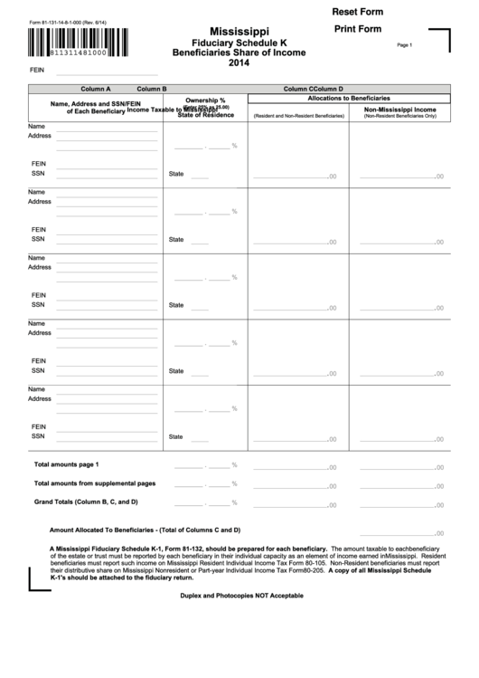 Fillable Form 81-131-16-8-1-000 - Fiduciary Schedule K - Beneficiaries Share Of Income - Mississippi/fiduciary Schedule K-1 - 2014 Printable pdf