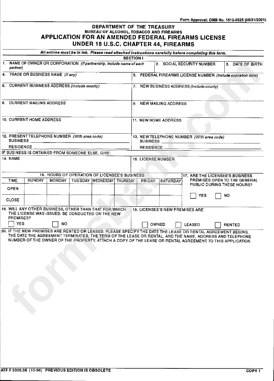 Form 1512-0525 - Application For An Amended Federal Firearms License Under 18 U.s.c. Chapter 44, Firearms