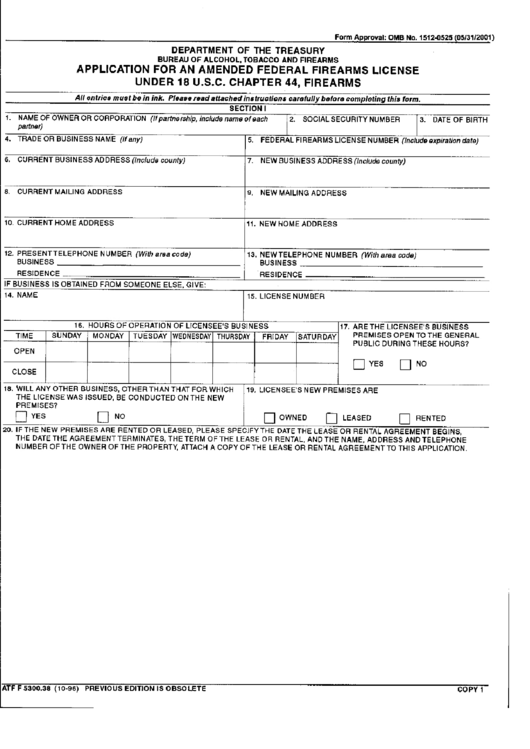 Form 1512-0525 - Application For An Amended Federal Firearms License Under 18 U.s.c. Chapter 44, Firearms Printable pdf