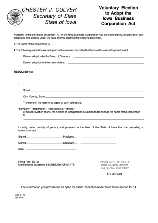 Form 635_0121 - Voluntary Election To Adopt The Iowa Business Corporation Act Printable pdf