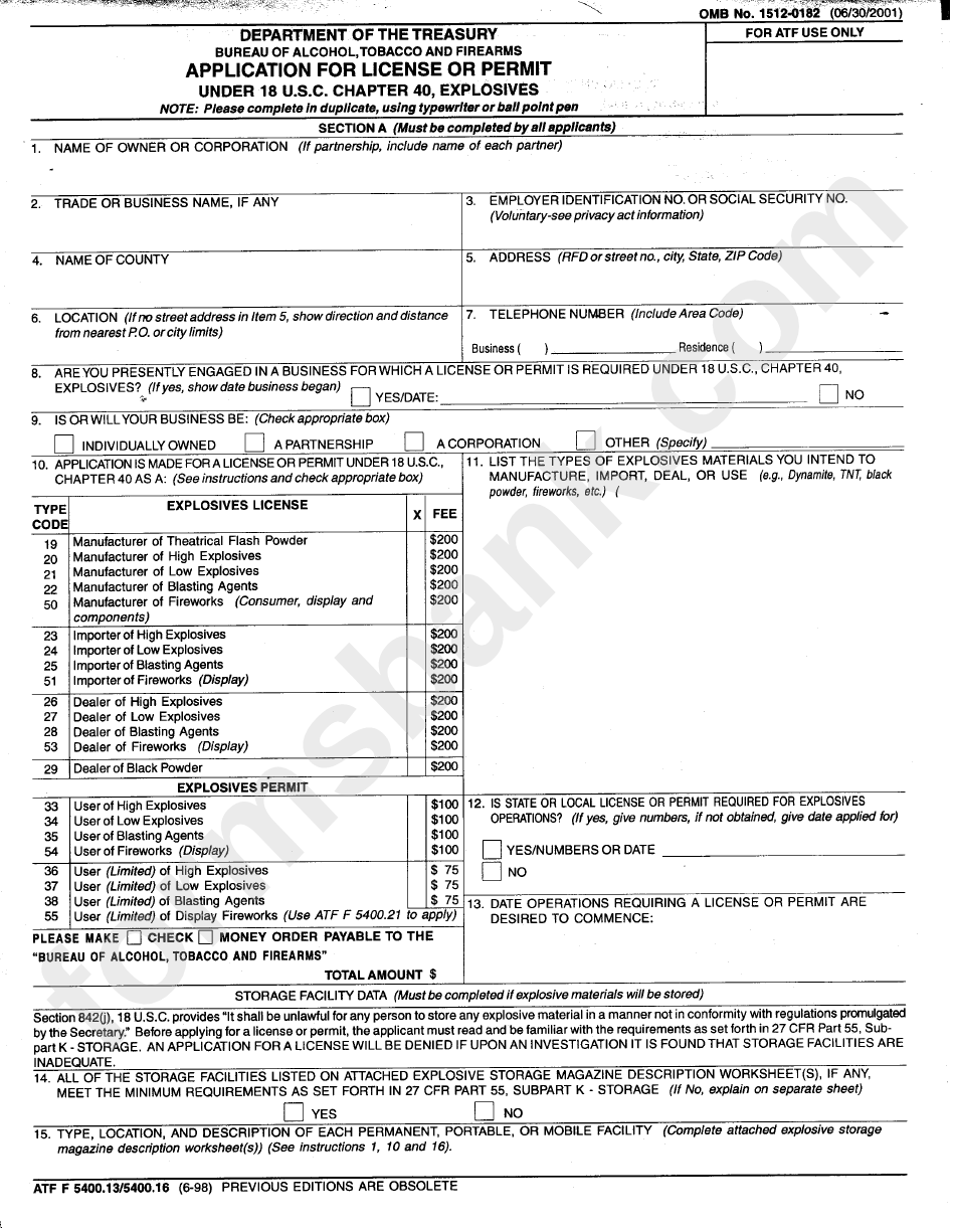 Form 1512-0182 - Application For License Or Permit