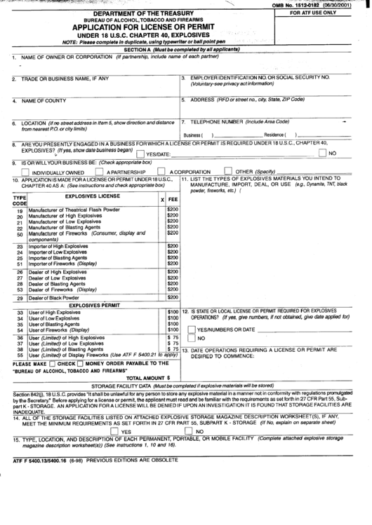 Form 1512-0182 - Application For License Or Permit Printable pdf