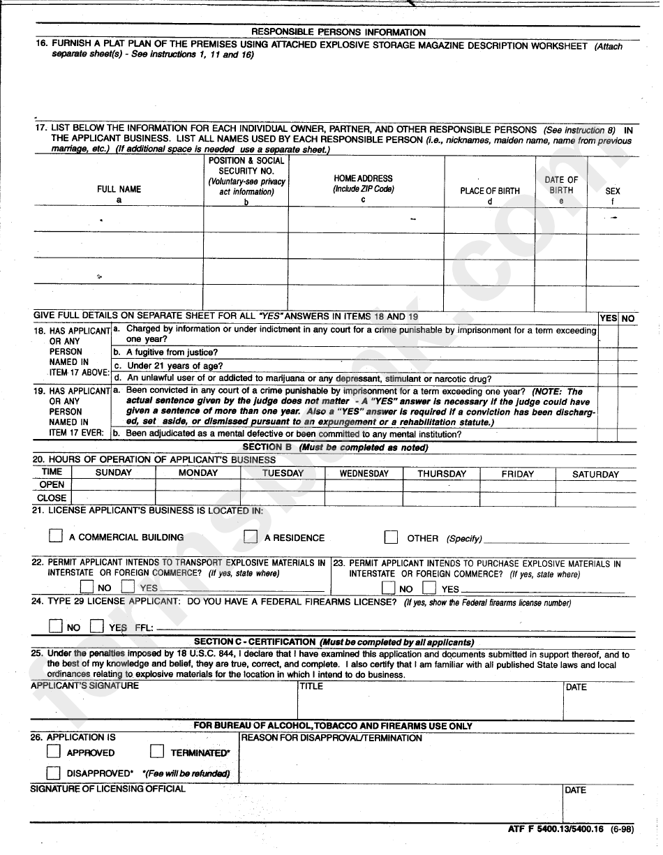 Form 1512-0182 - Application For License Or Permit