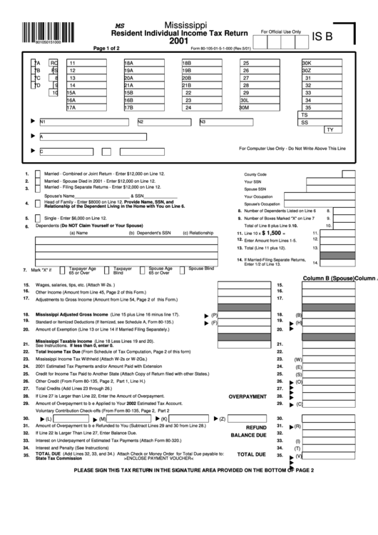 Form 80-105-01-5-2-000 - Resident Individual Income Tax Return - 2001 Printable pdf