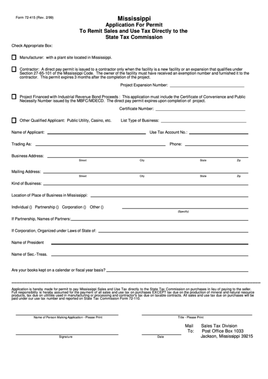 Form 72-415 - Application For Permit To Remit Sales And Use Tax Directly To The State Tax Commission - 1999 Printable pdf