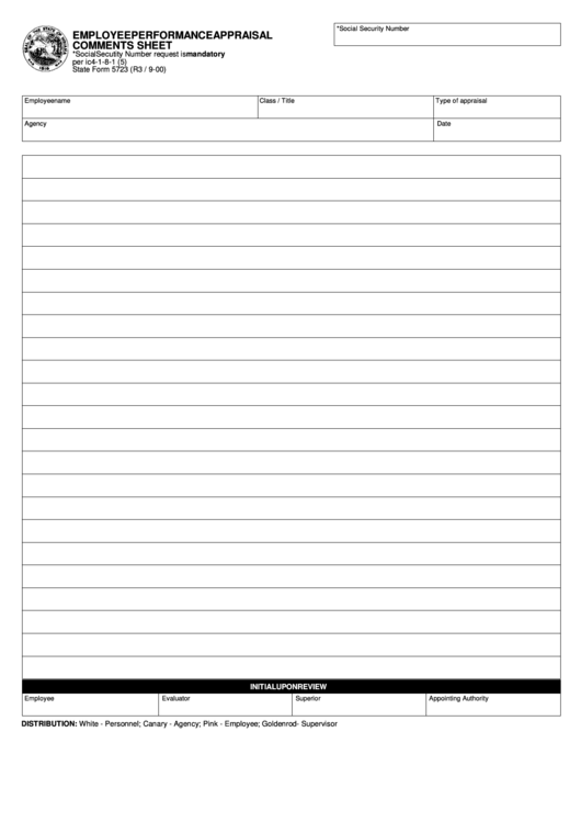 Fillable State Form 5723 - Employee Performance Appraisal Comments Sheet Printable pdf