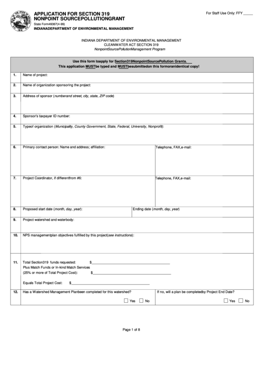 Fillable Form 49367 - Application For Section 319 Nonpoint Source Pollution Grant Printable pdf