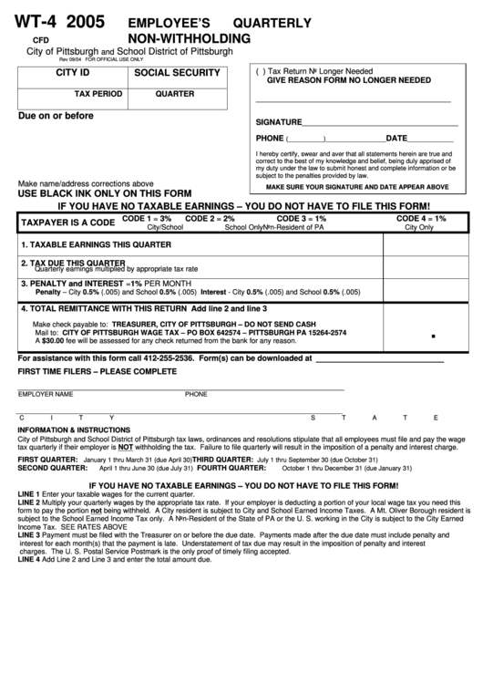 Form Wt4 Employee'S Quarterly NonWithholding 2005 printable pdf