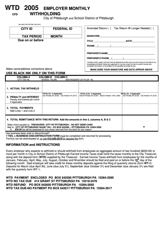 Form Wtd - Employer Monthly Withholding - City Of Pittsburgh - 2005 Printable pdf