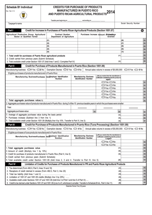 Schedule B1 Individual - Credit For Purchase Of Products Manufactured In Puerto Rico - 2014 Printable pdf