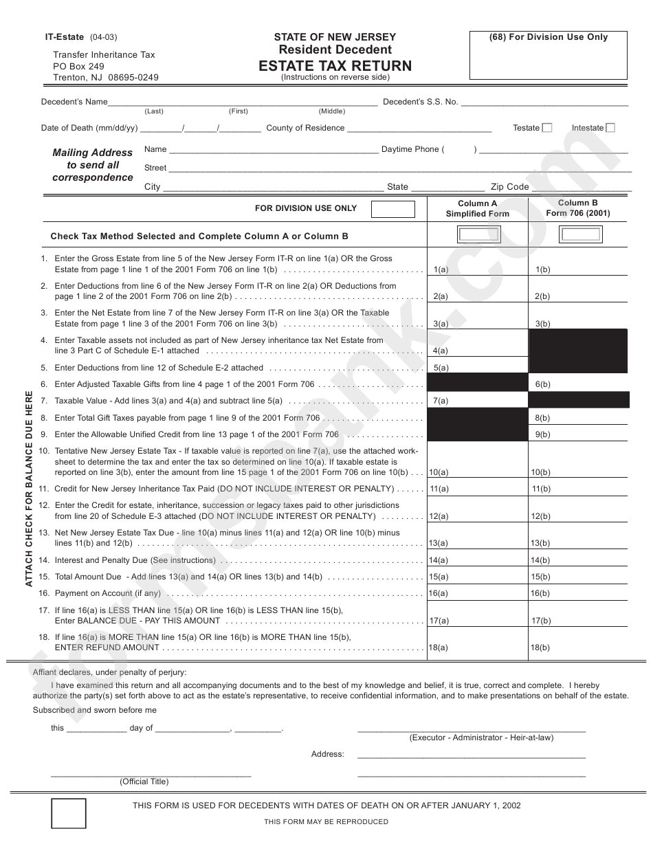 Form It-Estate - New Jersey Resident Decedent Estate Tax Return - 2003