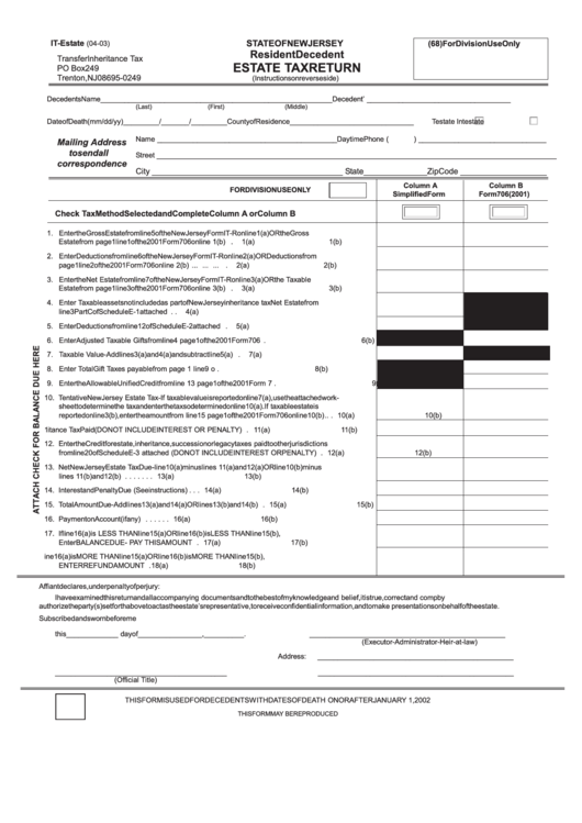 Form It-Estate - New Jersey Resident Decedent Estate Tax Return - 2003 Printable pdf
