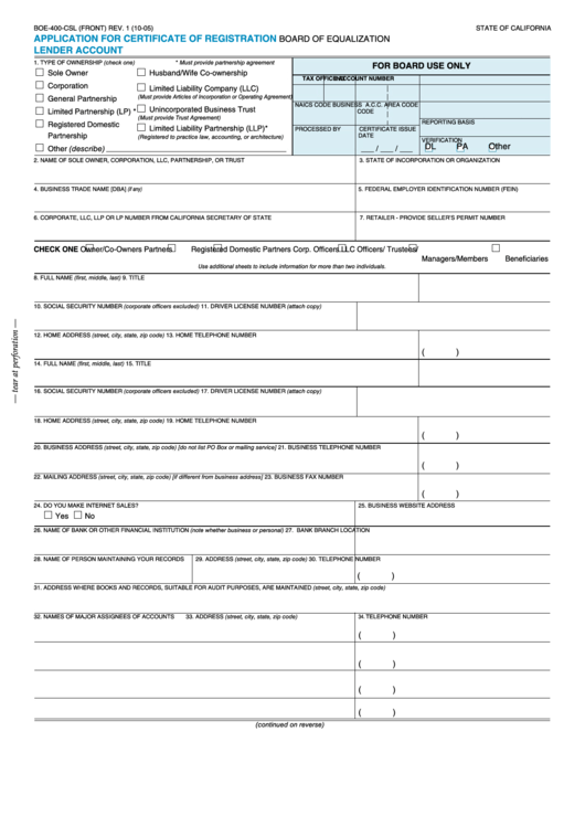 Fillable Form Boe-400-Csl - Application For Certificate Of Registration Lender Account - 2005 Printable pdf