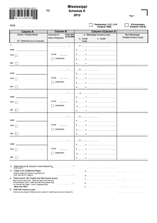 Form 84-131-12-8-1-000 - Mississippi Schedule K - 2012 Printable pdf