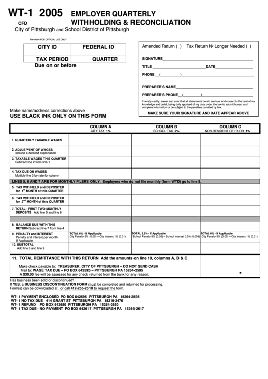 Form Wt-1 - Employer Quarterly Withholding & Reconciliation - 2005 Printable pdf