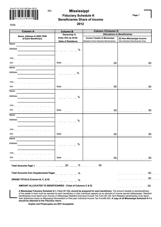 Form 81-131-12-8-1-000 - Mississippi Fiduciary Schedule K Beneficiaries Share Of Income - 2012 Printable pdf