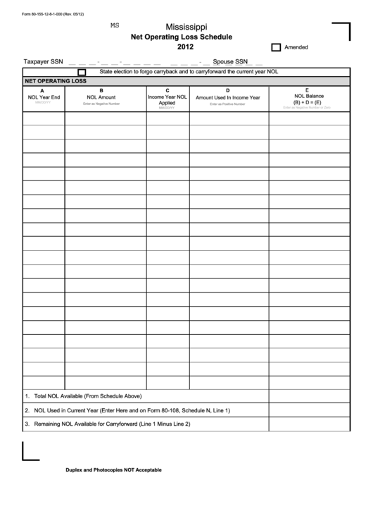 Form 80-155-12-8-1-000 - Net Operating Loss Schedule - 2012 Printable pdf