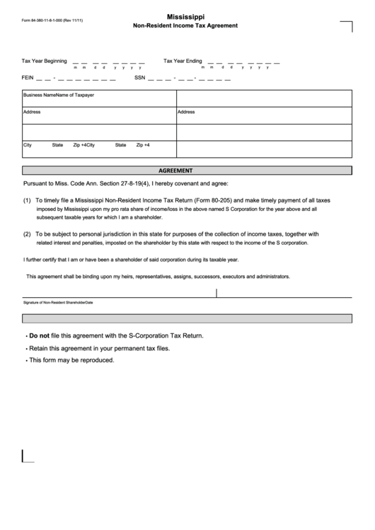 Form 84-380-11-8-1-000 - Non-Resident Income Tax Agreement - 2011 Printable pdf