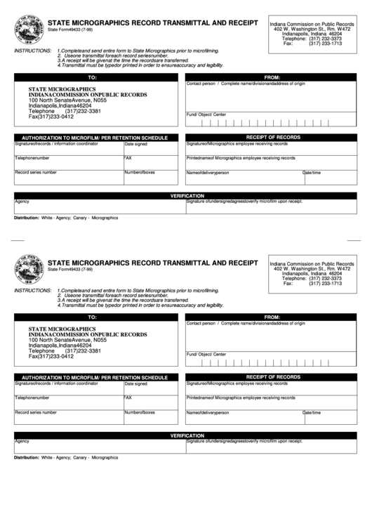 Fillable State Form 49433 - State Mecrographics Record Transmittal And Receipt Printable pdf