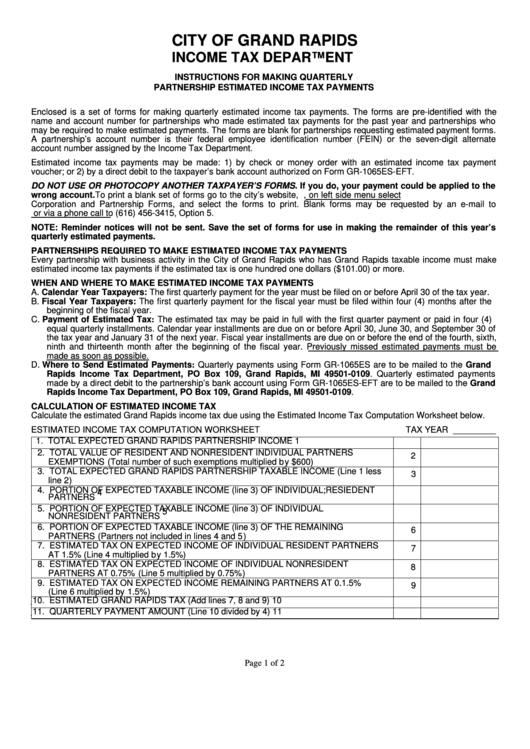Instructions For Making Quarterly Partnership Estimated Income Tax Payments - City Of Grand Rapids Income Tax Department - 2013 Printable pdf