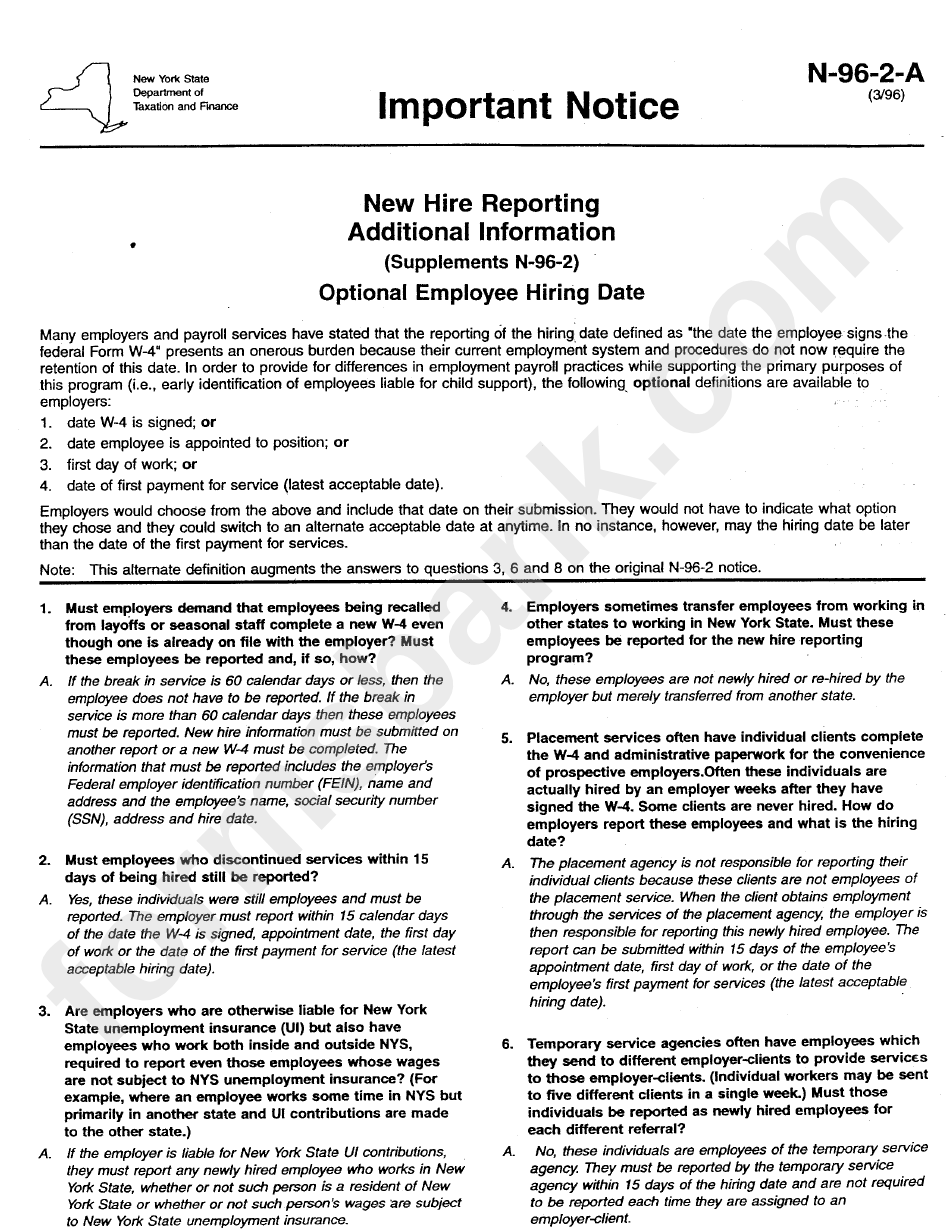Form N-96-2-A - New York State Department Of Taxation And Finance - Important Notice Optional Employee Hiring Date