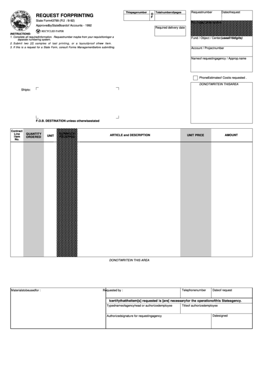 Fillable State Form 43799 - Request For Printing Printable pdf