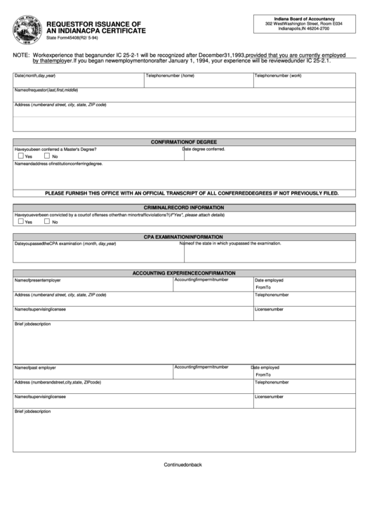 Fillable State Form 45408 - Request For Issuance Of An Indiana Cpa Certificate Printable pdf