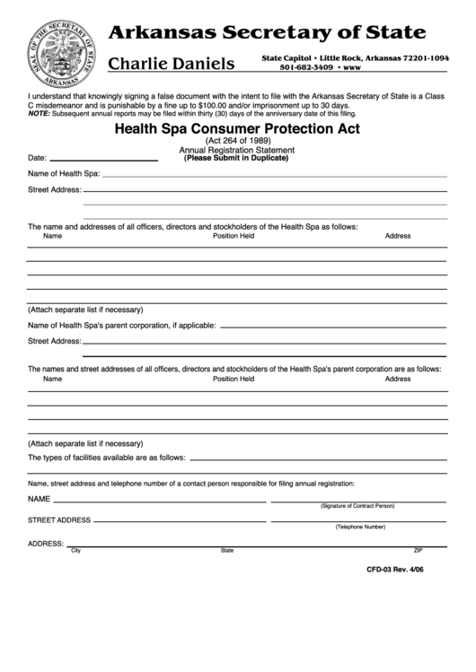 Form Cfd-03 - Health Spa Consumer Protection Act Printable pdf