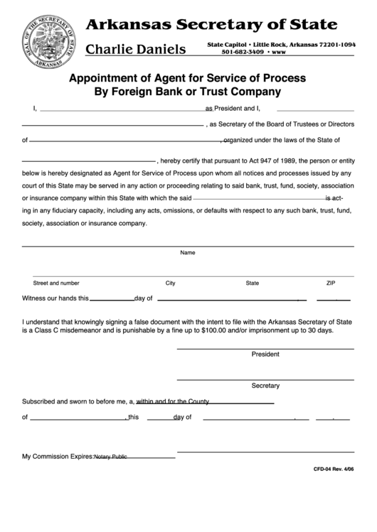Form Cfd-04 - Appointment Of Agent For Service Of Process By Foreign Bank Or Trust Company Printable pdf