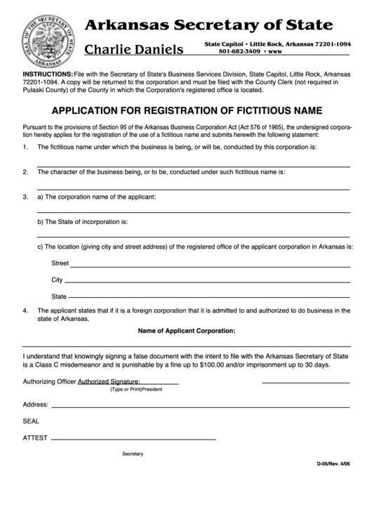 Form D-05 - Application For Registration Of Fictitious Name Printable pdf