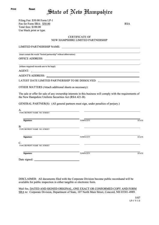 Fillable Form Lp-1 - Certificate Of New Hampshire Limited Partnership ...