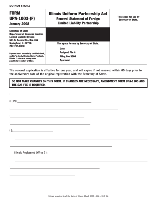 Fillable Form Upa-1003-(F) - Renewal Statement Of Foreign Llp - Illinois Uniform Partnership Act Printable pdf