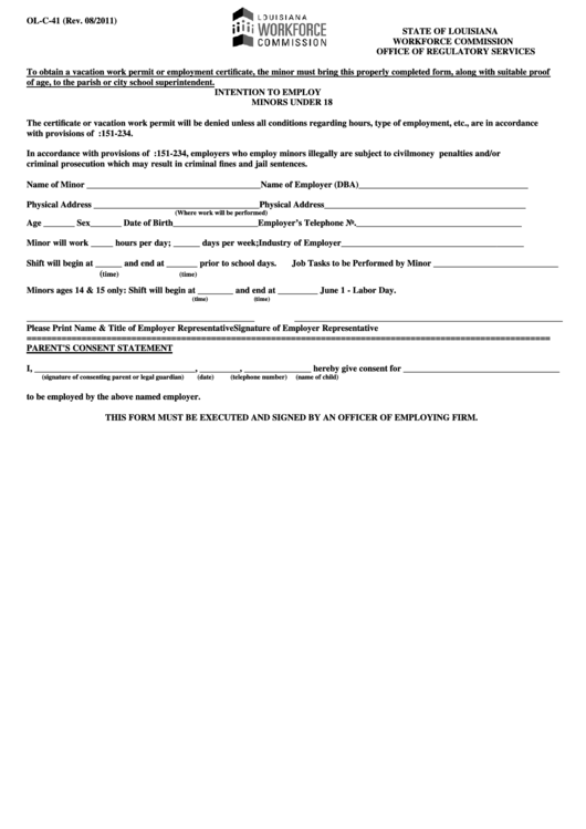 Form Ol-C-41 - Intention To Employ Minors Under 18 - State Of Louisiana Workforce Commission Printable pdf