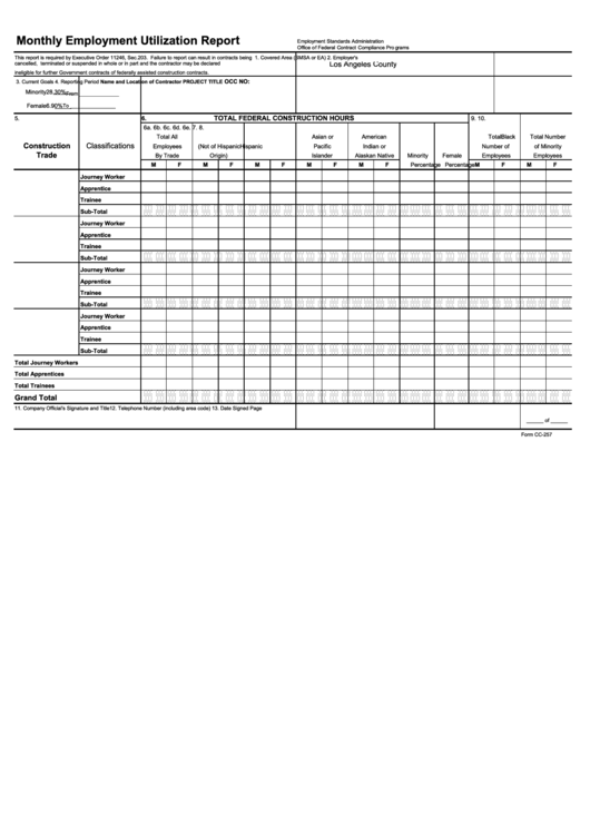 Form Cc-257 - Monthly Employment Utilization Report Printable pdf