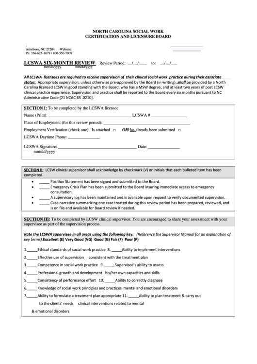 Certification And Licensure Board - Lcswa Six-Month Review Form Printable pdf