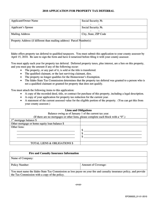 Form Efo00023 - Application For Property Tax Deferral - 2010 Printable pdf
