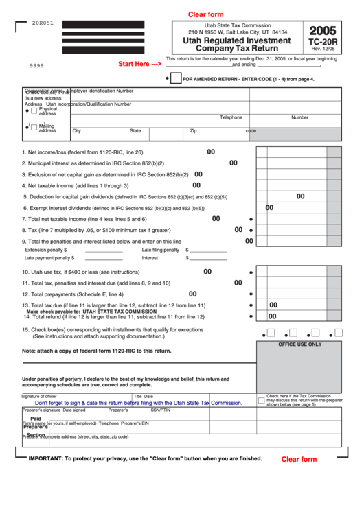Fillable Form Tc-20r - Utah Regulated Investment Company Tax Return - 2005 Printable pdf